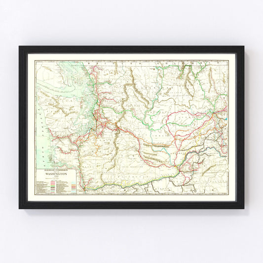 Vintage 1910 railroad map of Washington state from the Progressive Era, restored cartographic print