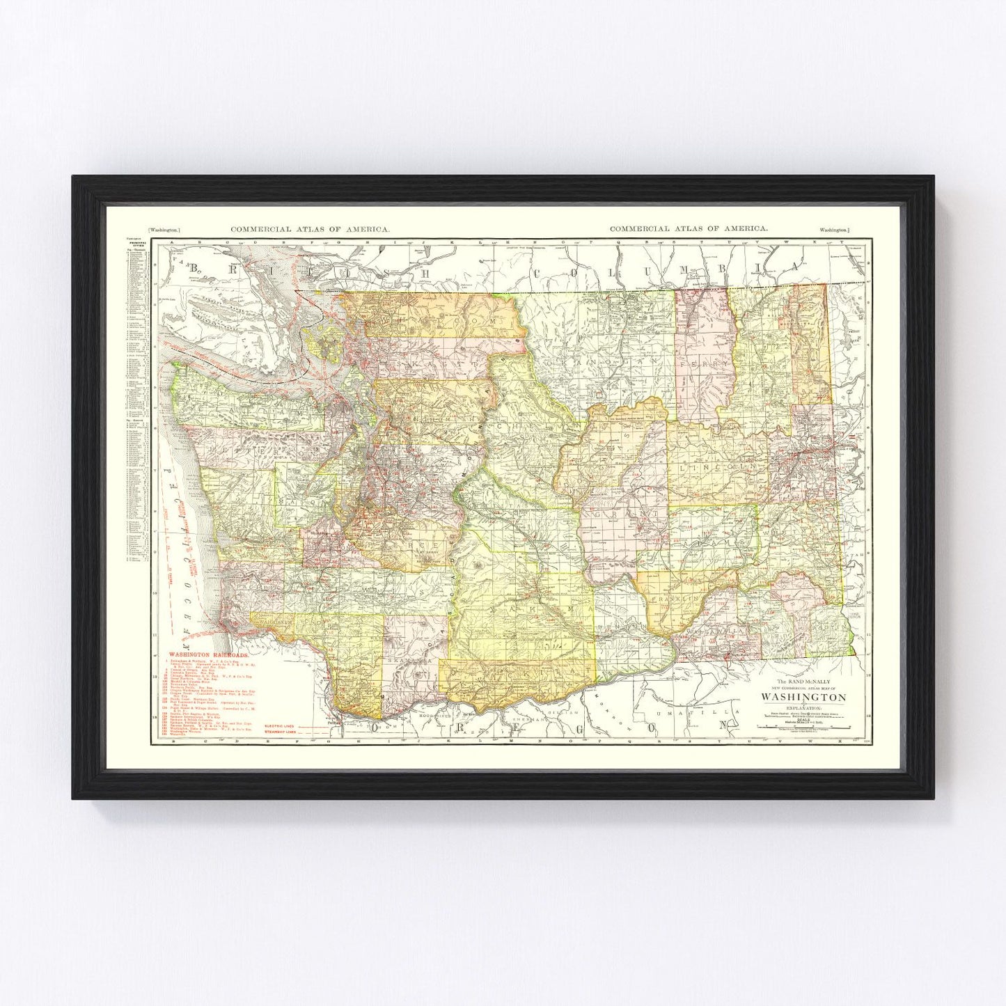 Vintage map of Washington State, 1917, showing WWI-era Pacific Northwest cities and rail lines