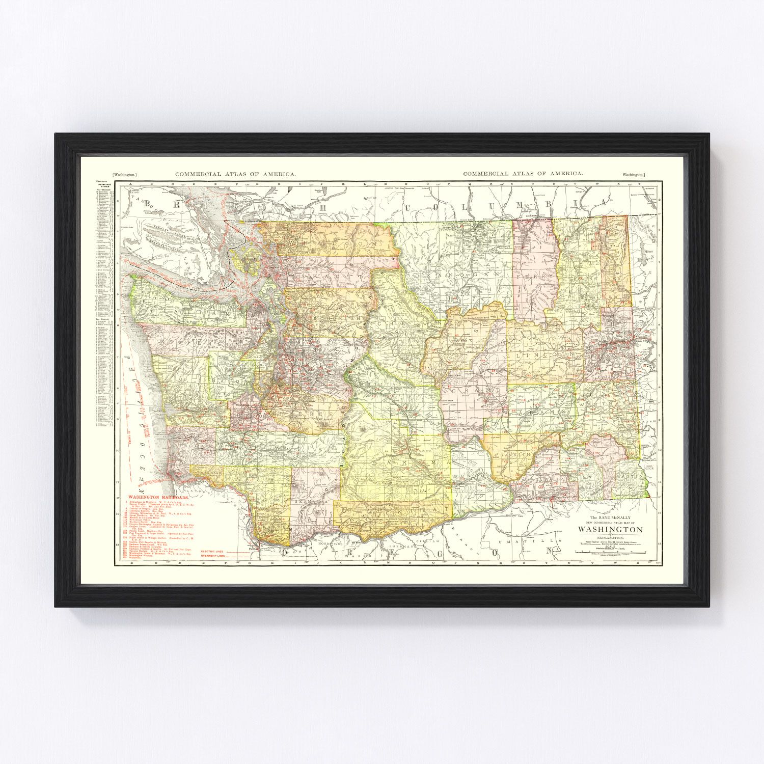 Vintage map of Washington State, 1917, showing WWI-era Pacific Northwest cities and rail lines