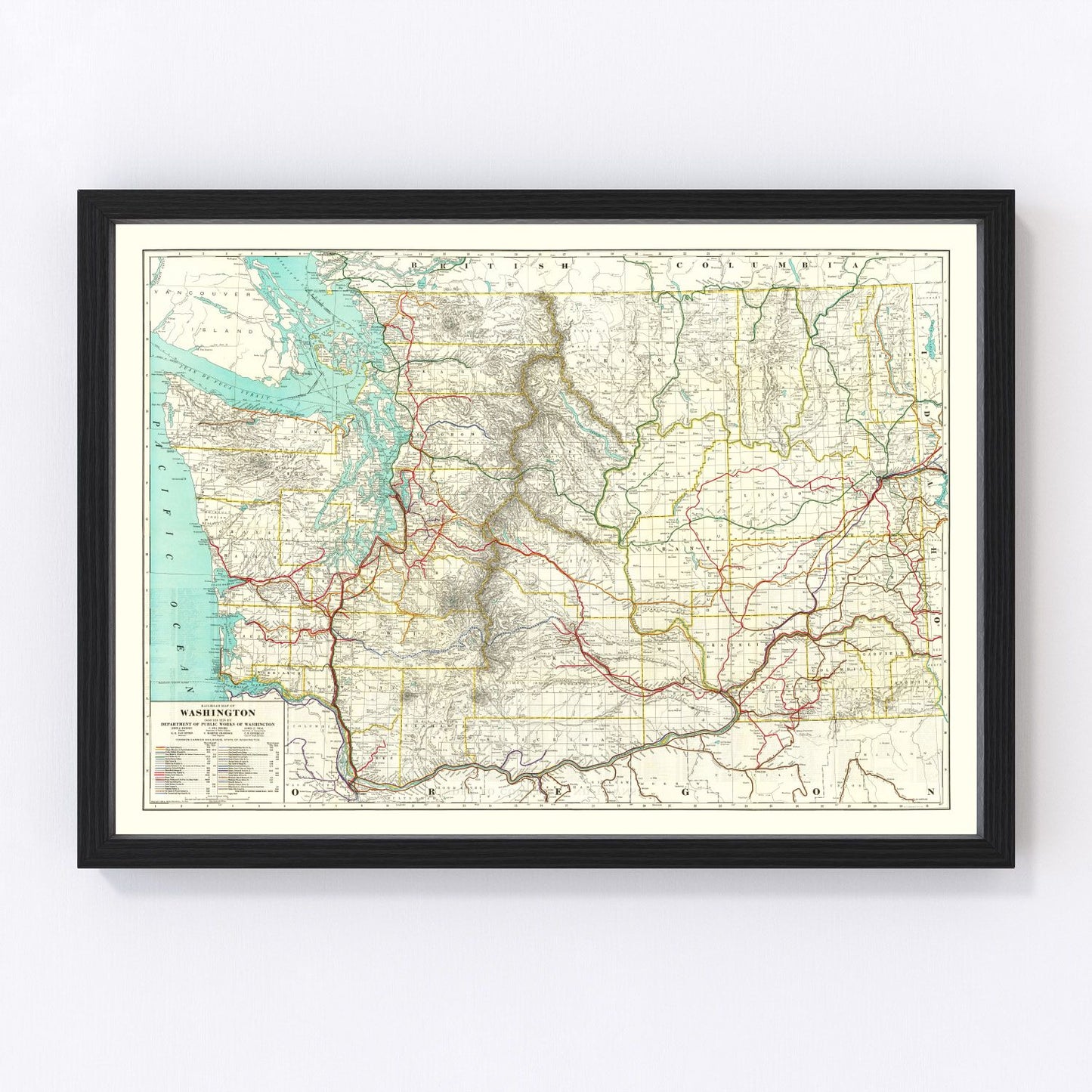 Vintage 1928 railroad map of Washington state showing rail network and counties, restored print