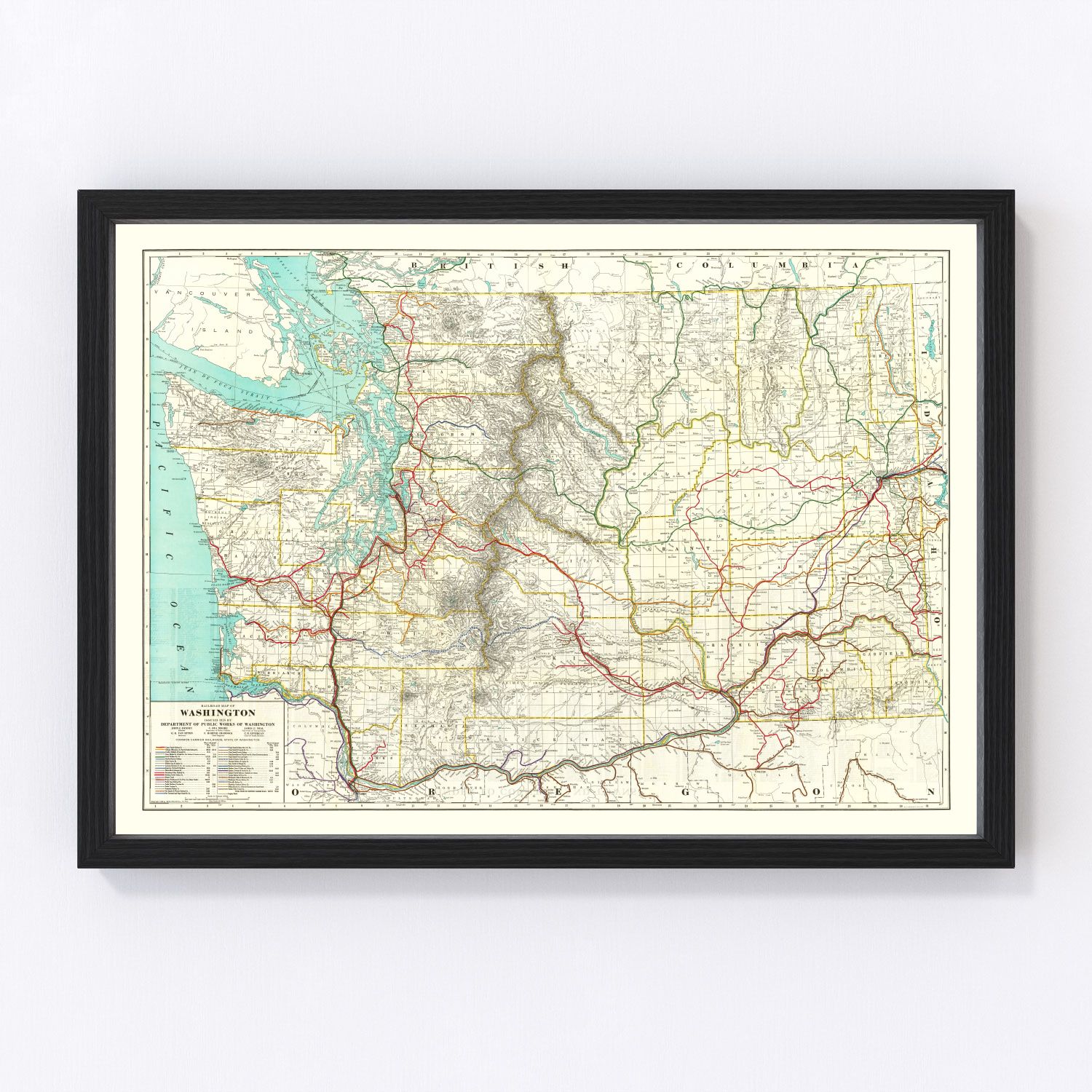 Vintage 1928 railroad map of Washington state showing rail network and counties, restored print