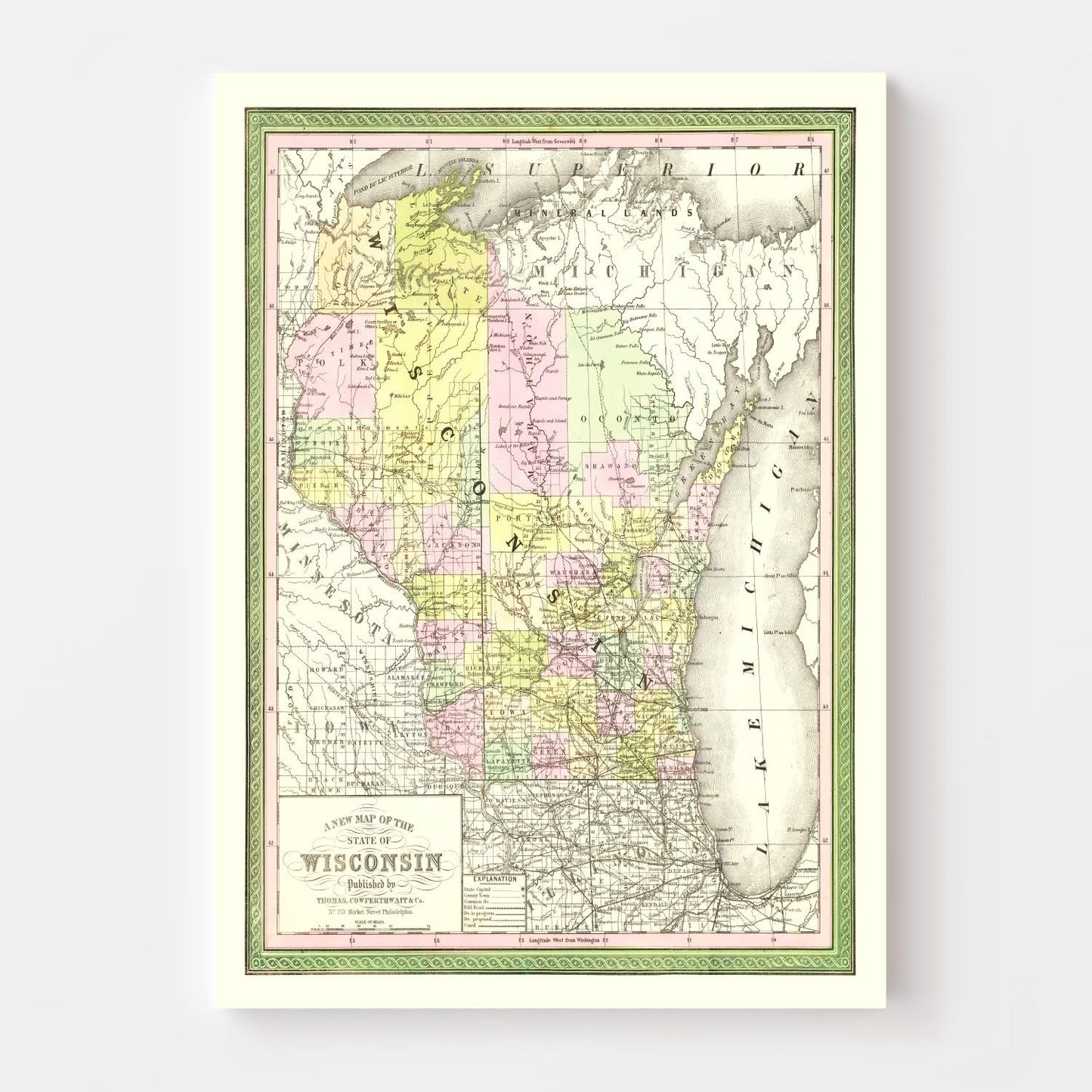 Vintage Map of Wisconsin, 1854