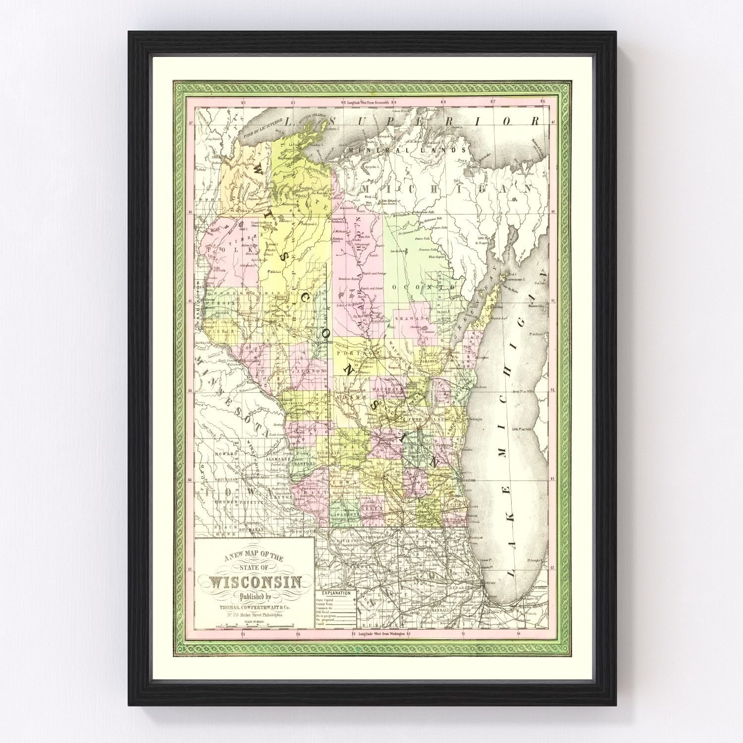 Vintage map of Wisconsin state, 1854, rare early statehood restored