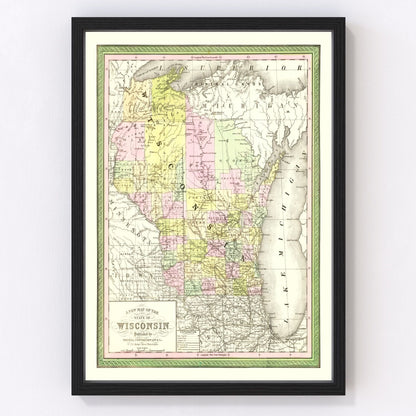 Vintage map of Wisconsin state, 1854, rare early statehood restored