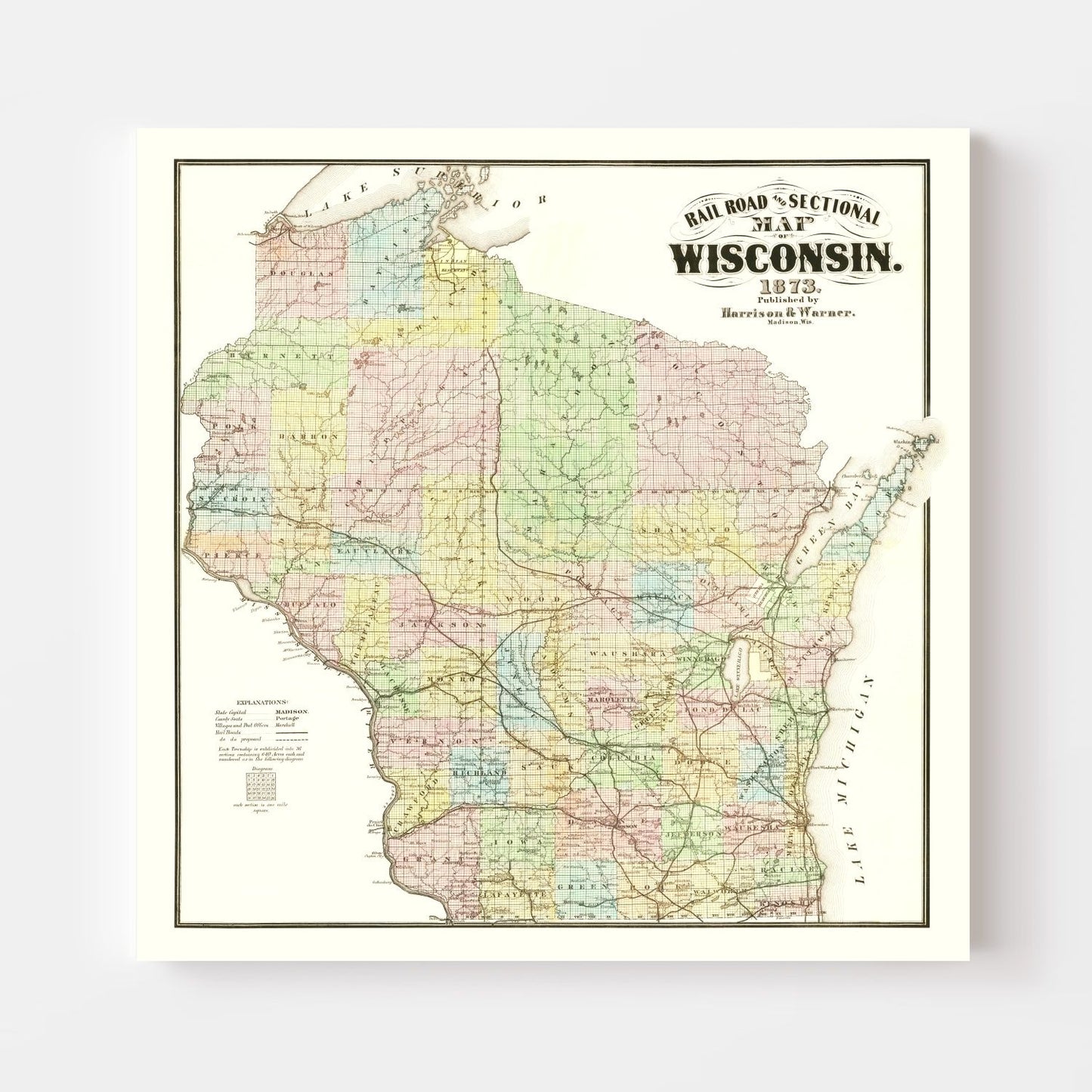 Vintage Railroad Map of Wisconsin, 1873