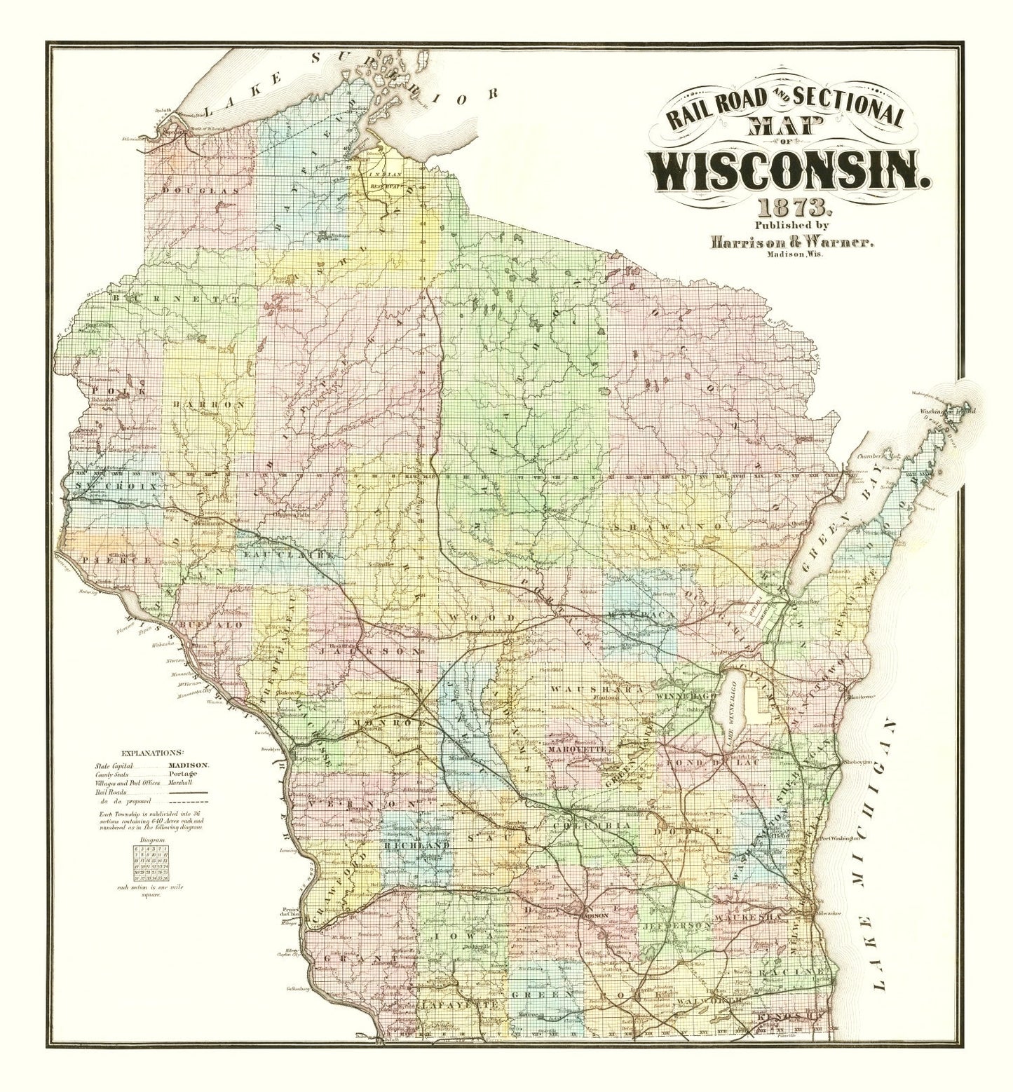 Vintage Railroad Map of Wisconsin, 1873
