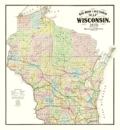 Vintage Railroad Map of Wisconsin, 1873