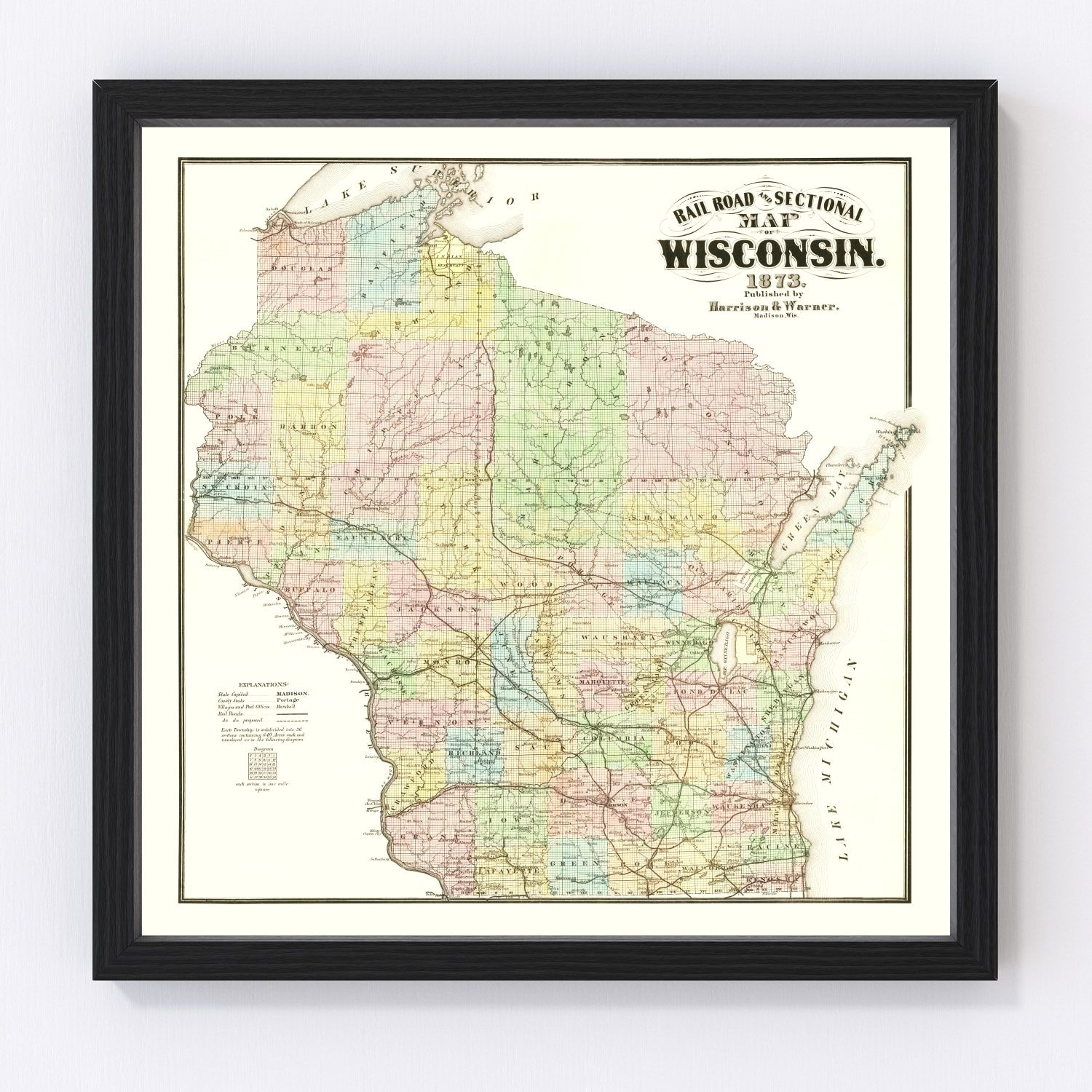 Vintage 1873 railroad map of Wisconsin showing early rail lines, restored cartographic print