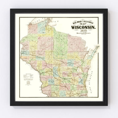 Vintage 1873 railroad map of Wisconsin showing early rail lines, restored cartographic print