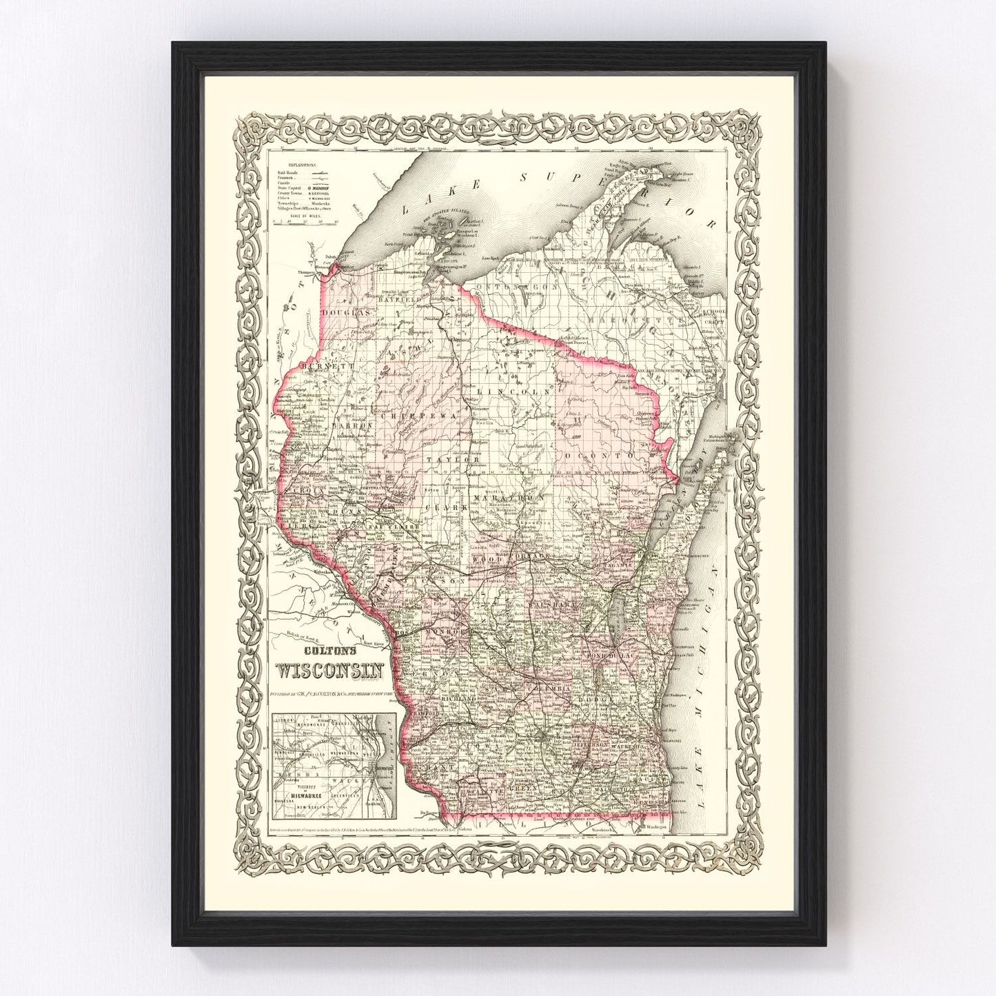 Vintage map of Wisconsin state, 1878, post-Civil War era restored