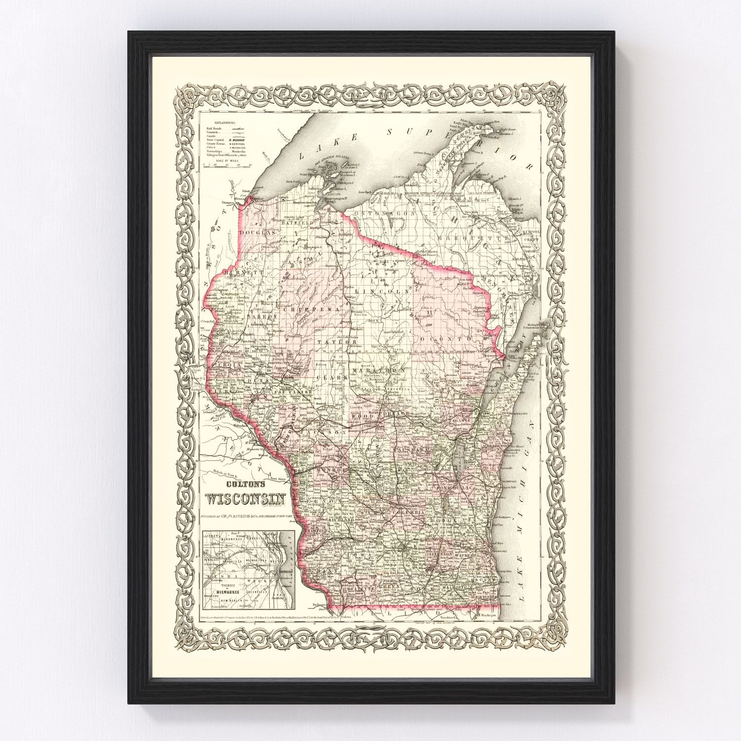 Vintage map of Wisconsin state, 1878, post-Civil War era restored