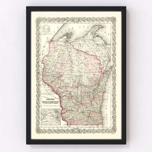 Vintage map of Wisconsin state, 1878, post-Civil War era restored