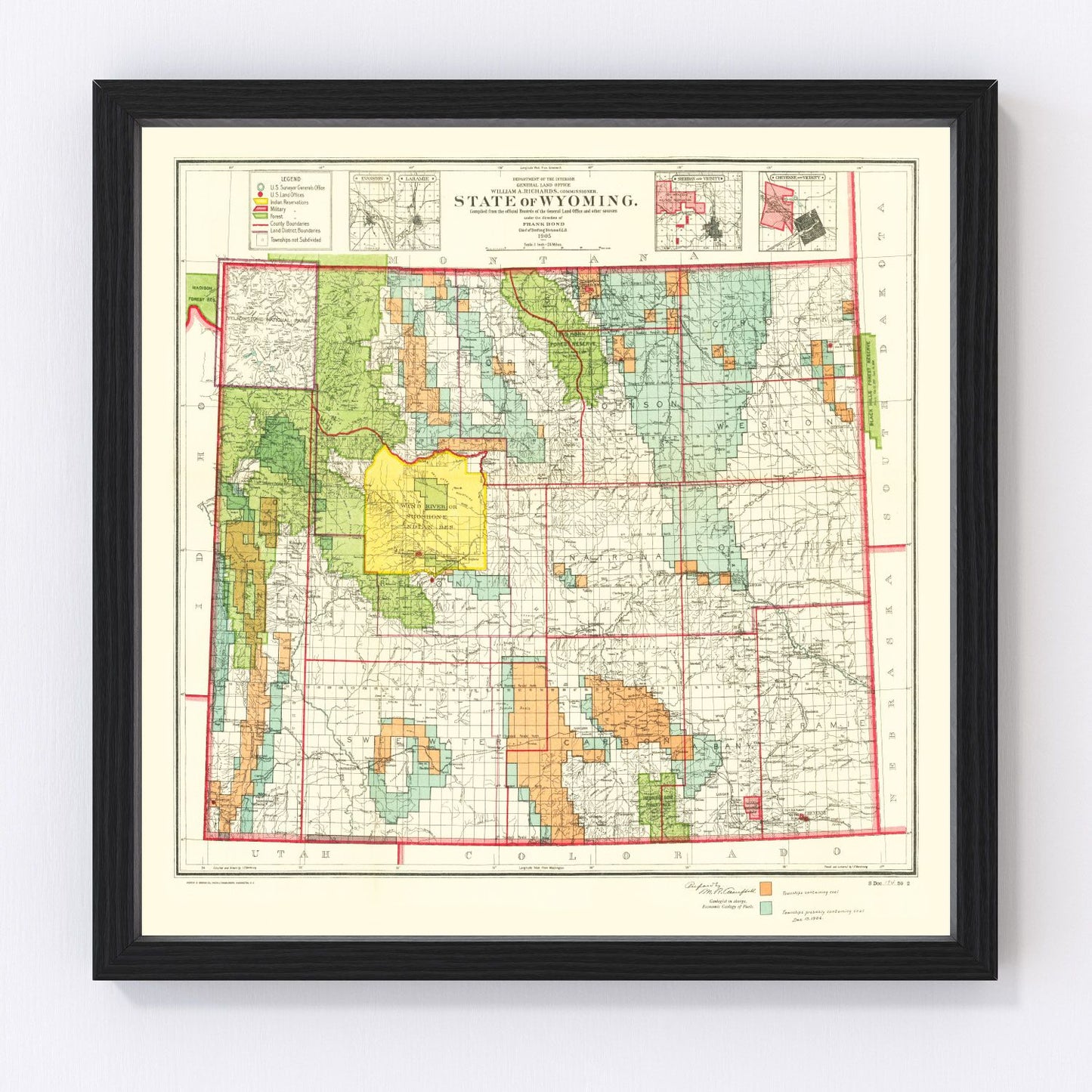 Vintage map of Wyoming state, 1905, restored cartography print