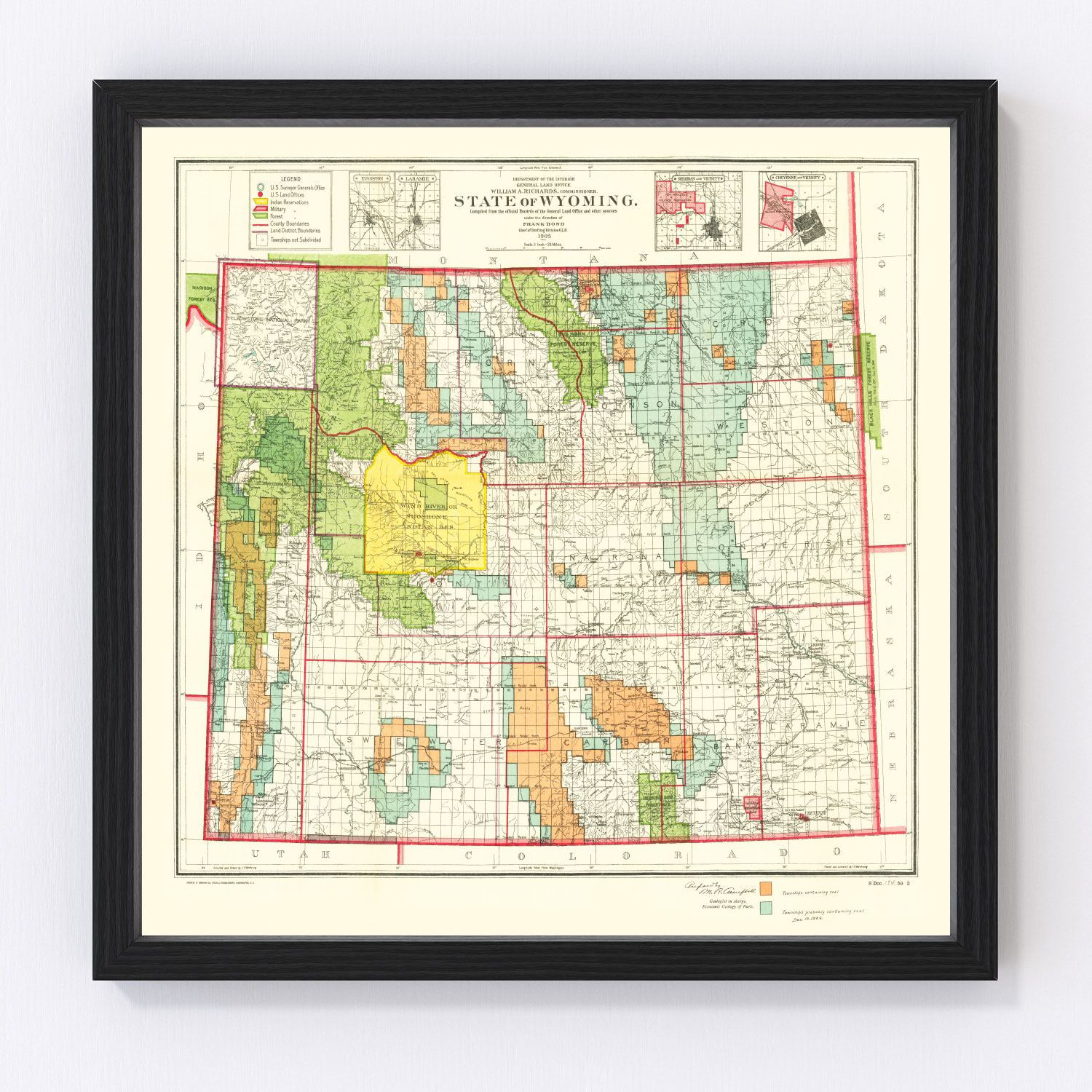 Vintage map of Wyoming state, 1905, restored cartography print