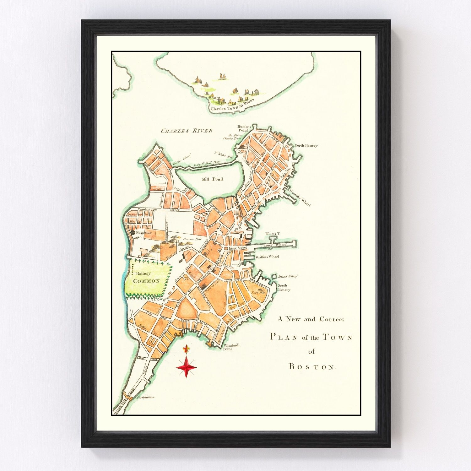Vintage map of Boston Massachusetts 1775, American Revolution restored print
