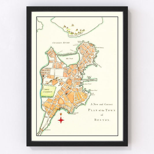 Vintage map of Boston Massachusetts 1775, American Revolution restored print