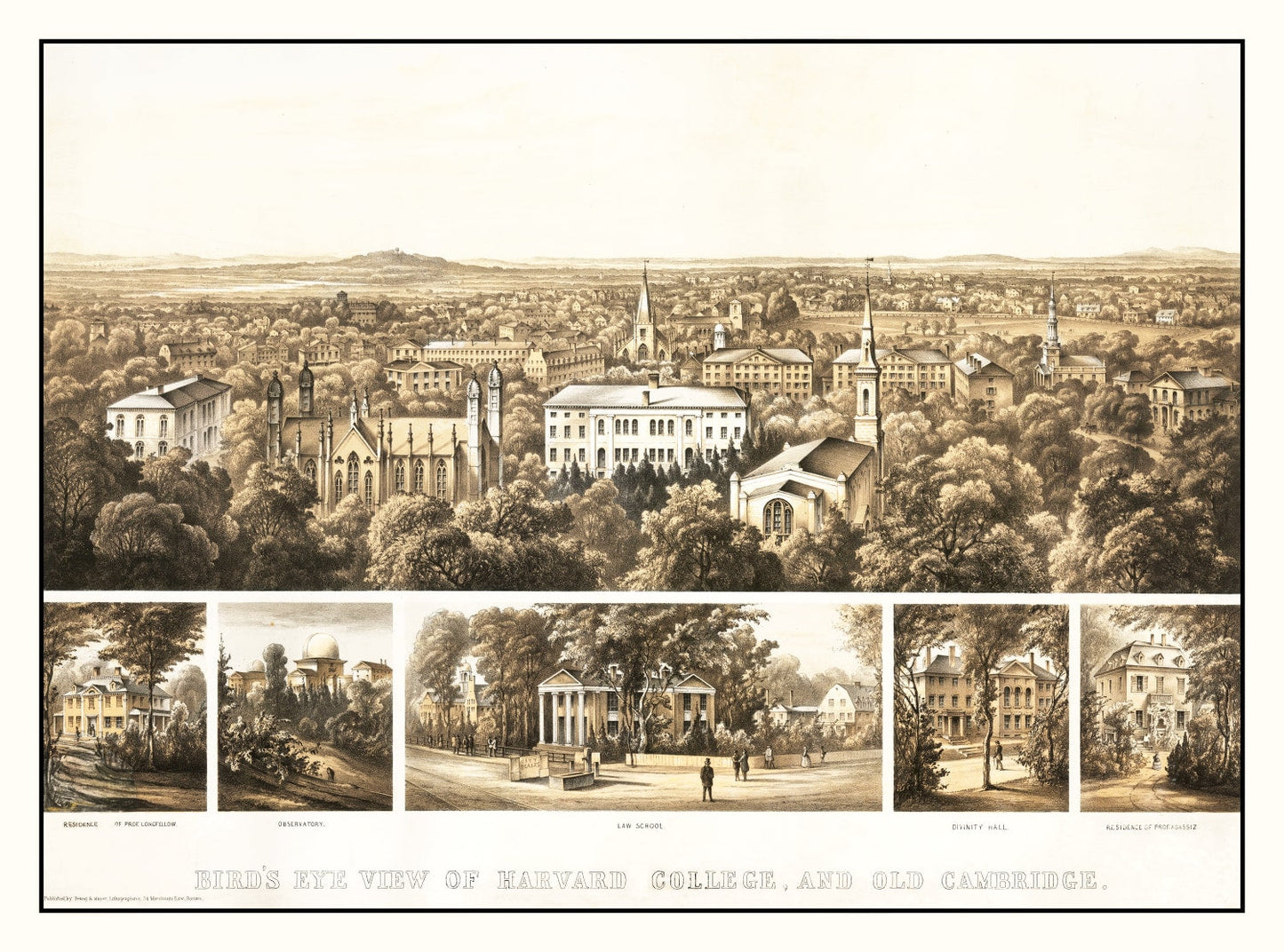 Vintage Bird's Eye View of Harvard, 1858