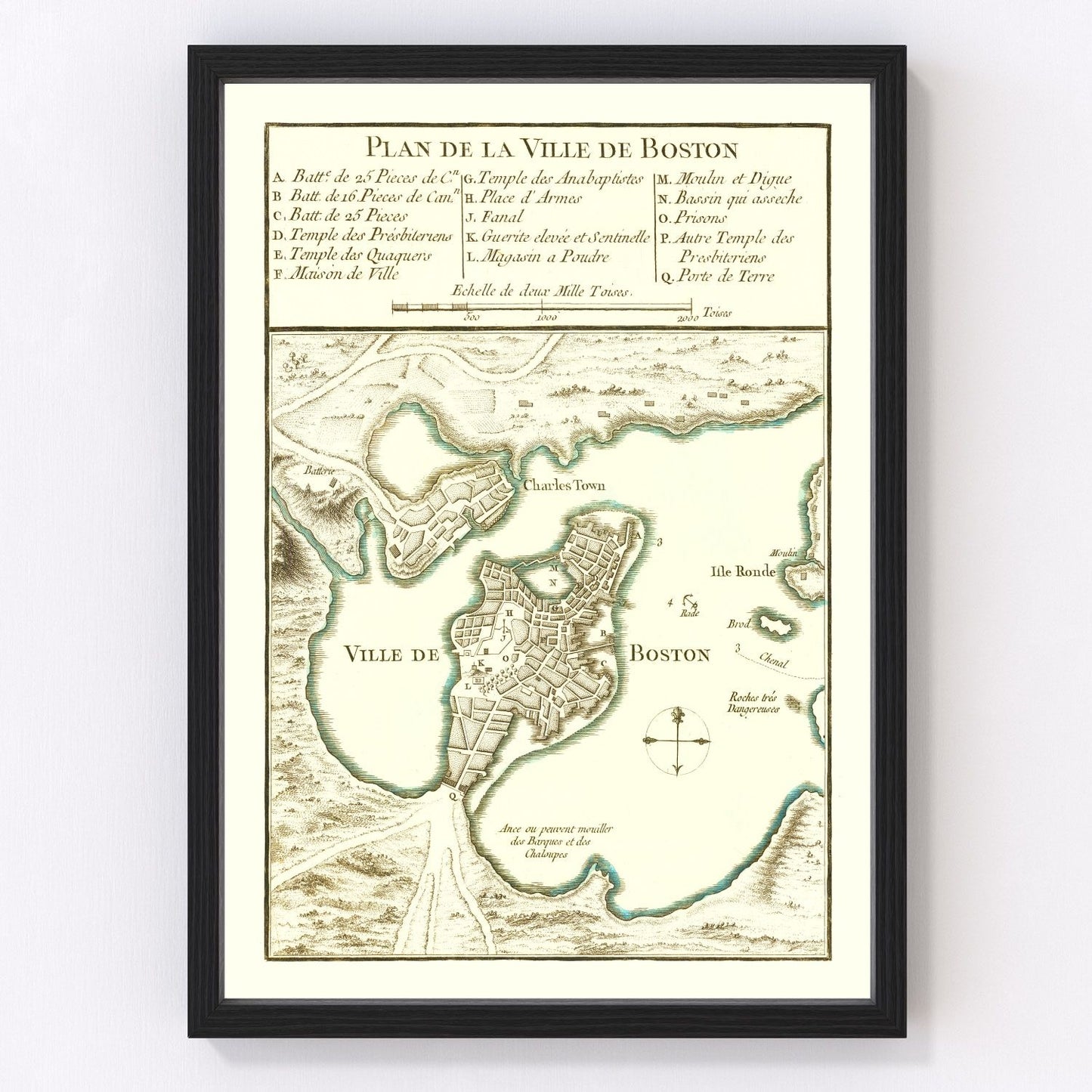 Vintage map of Boston Massachusetts 1764, digitally restored print