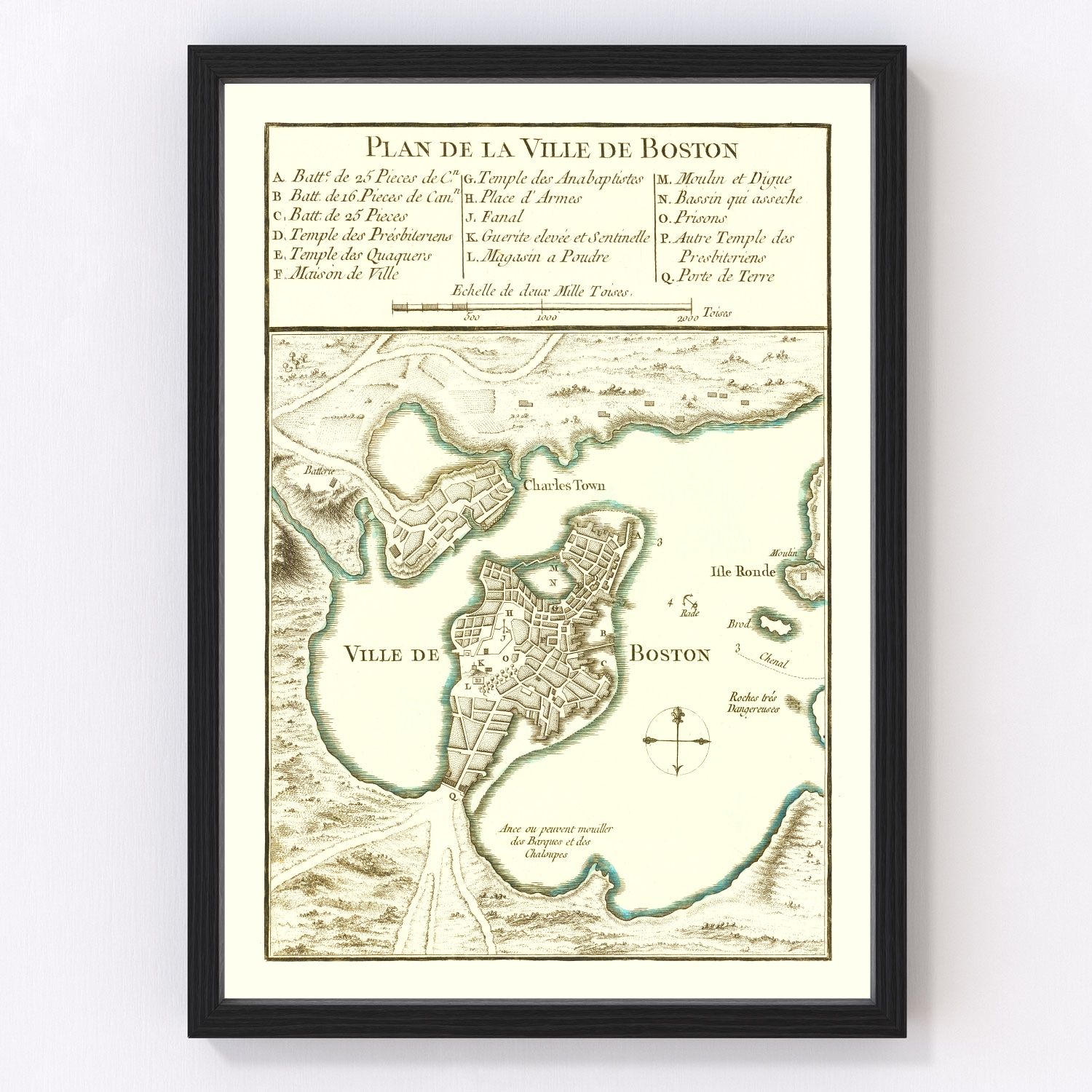 Vintage map of Boston Massachusetts 1764, digitally restored print