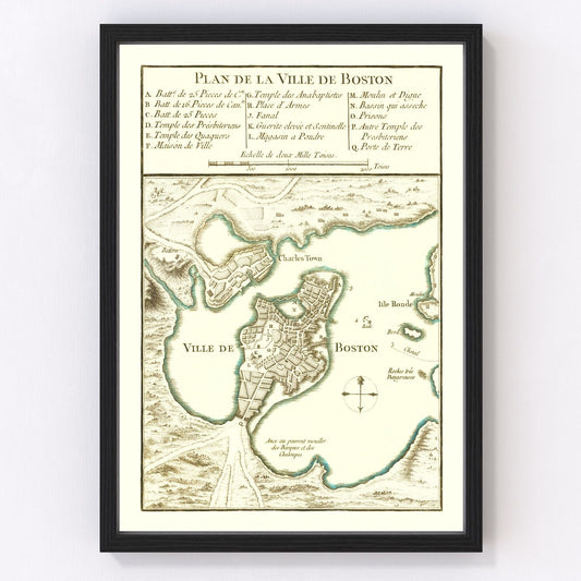 Vintage map of Boston Massachusetts 1764, digitally restored print