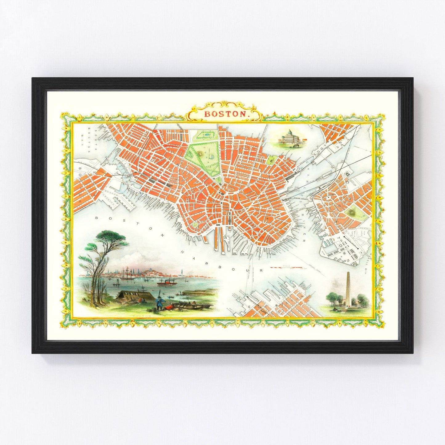 vintage map of Boston Massachusetts 1851, restored print wall art