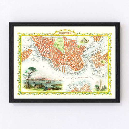 vintage map of Boston Massachusetts 1851, restored print wall art