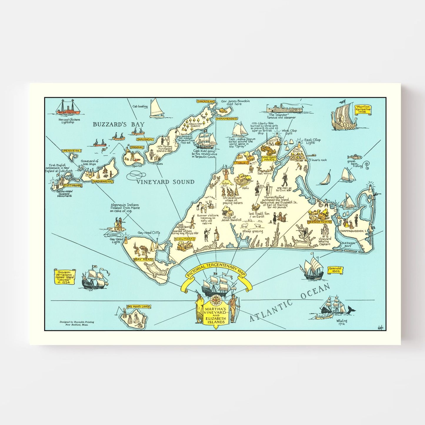 Vintage Pictorial Map of Martha's Vineyard, Massachusetts, 1930