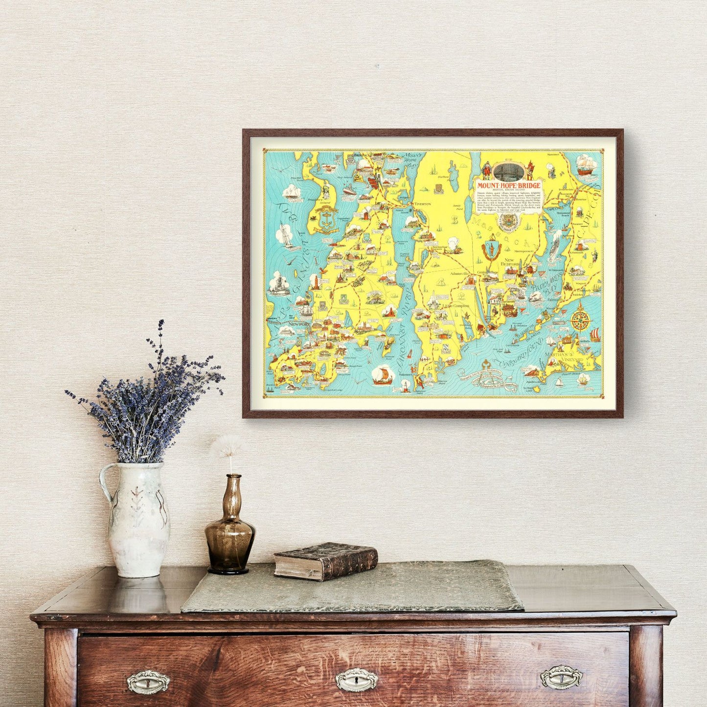 Vintage Pictorial Map of Mount Hope Bay, Rhode Island, 1933