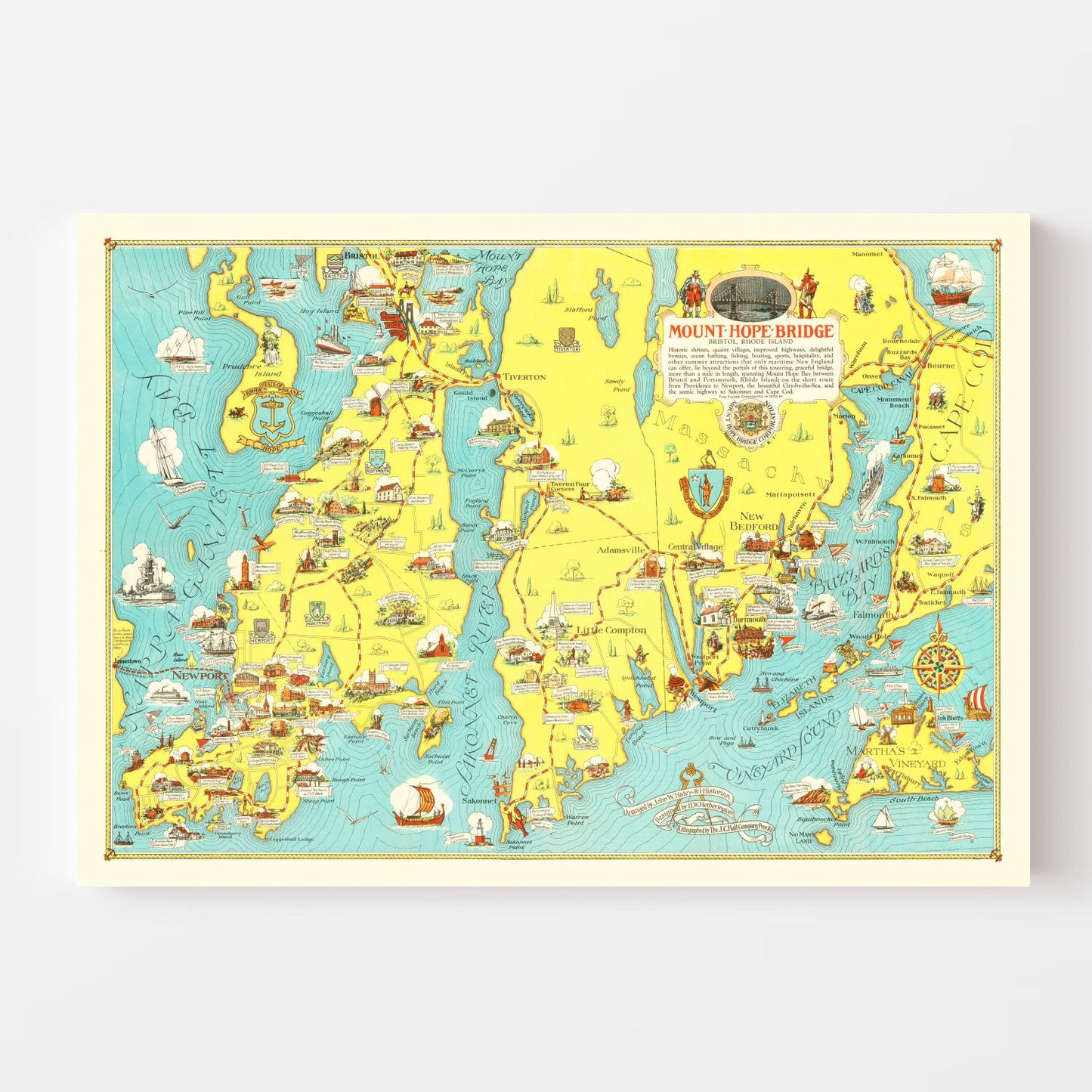 Vintage Pictorial Map of Mount Hope Bay, Rhode Island, 1933