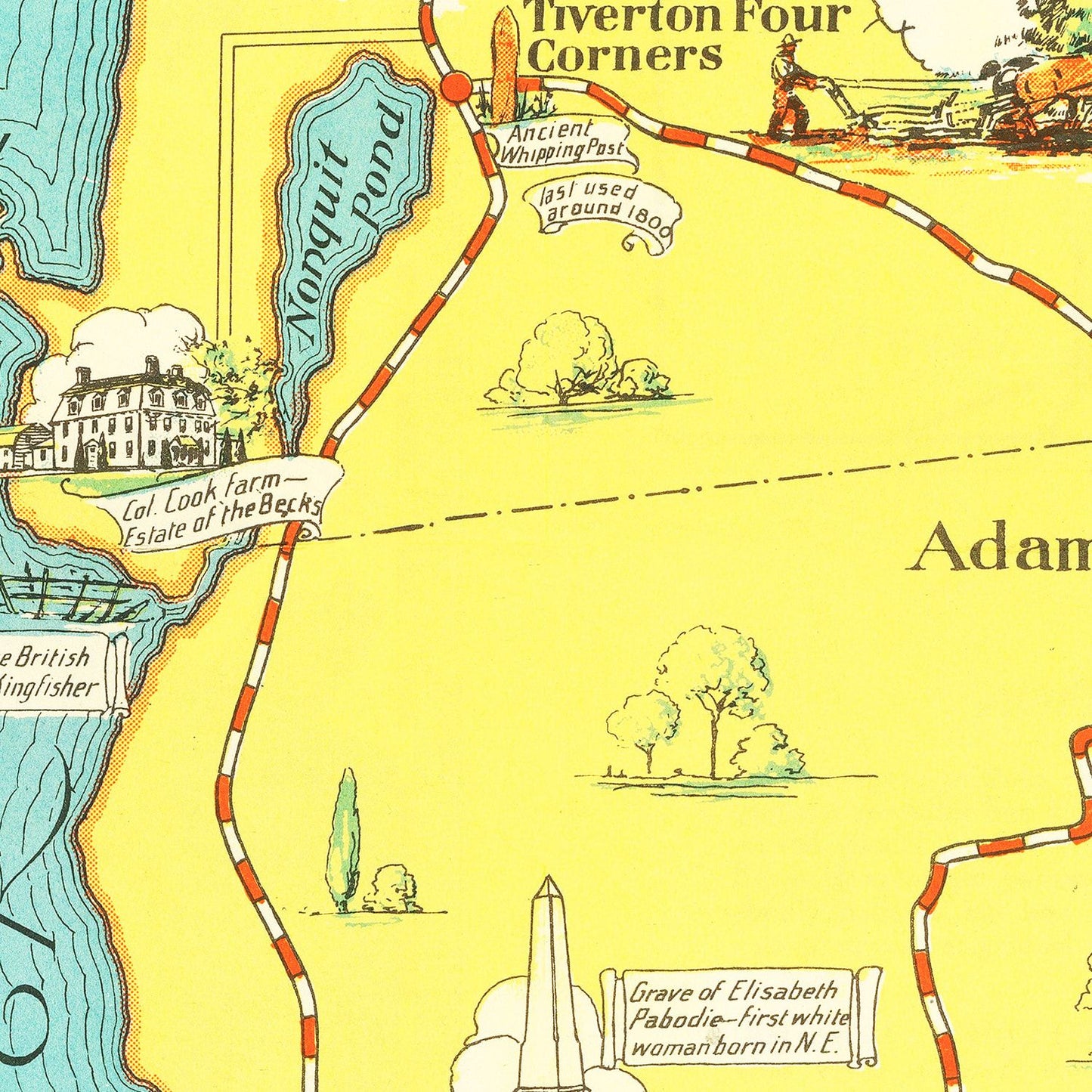 Vintage Pictorial Map of Mount Hope Bay, Rhode Island, 1933