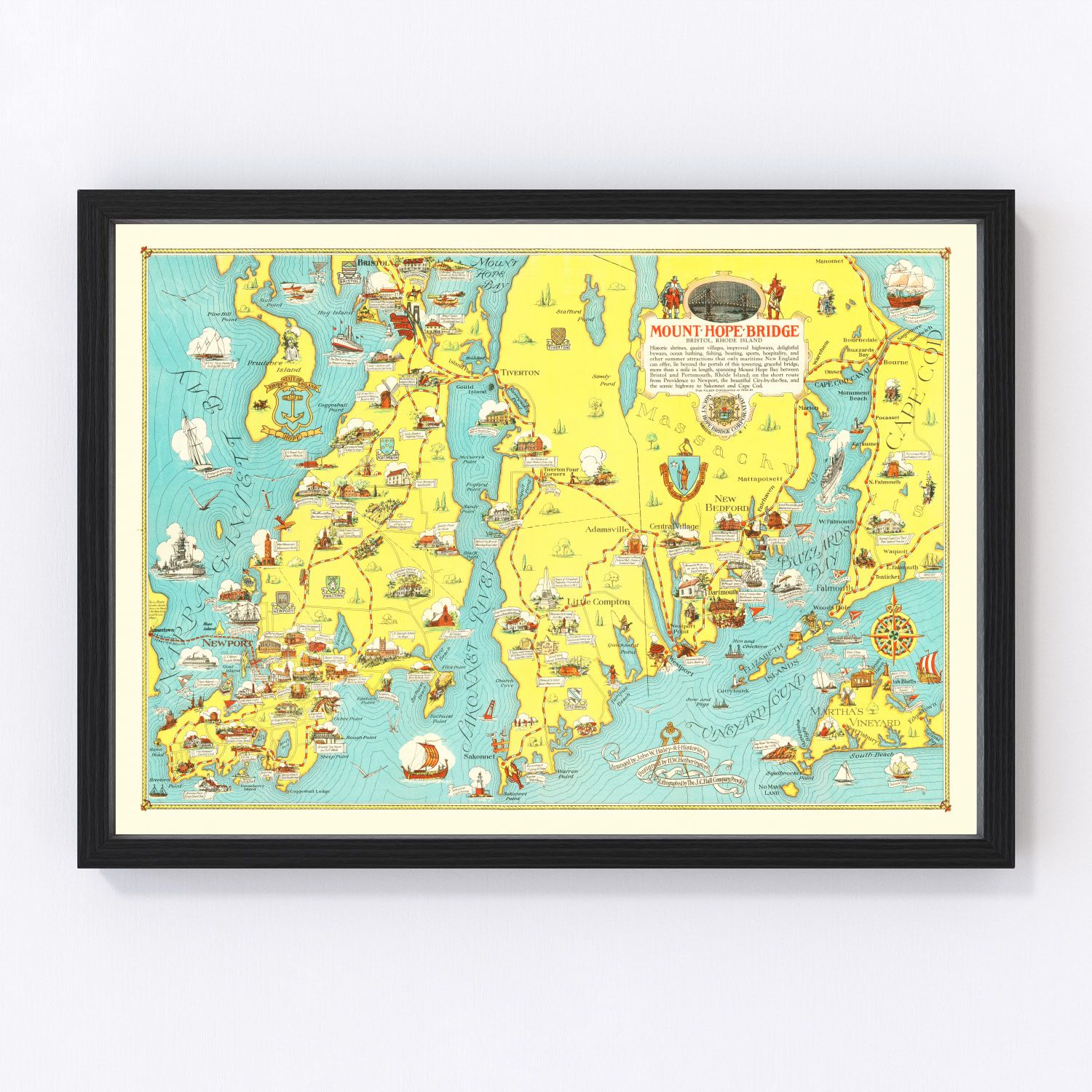 vintage pictorial map of Mount Hope Bay, Rhode Island, 1933