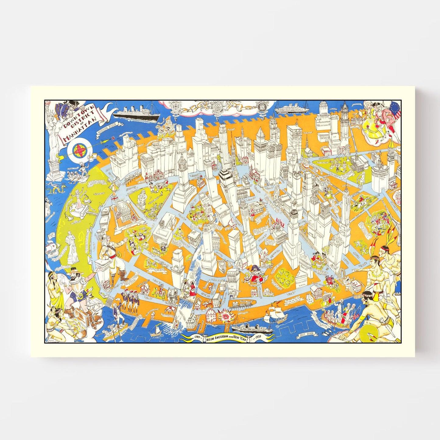 Vintage Pictorial Map of Downtown Manhattan, New York, 1938