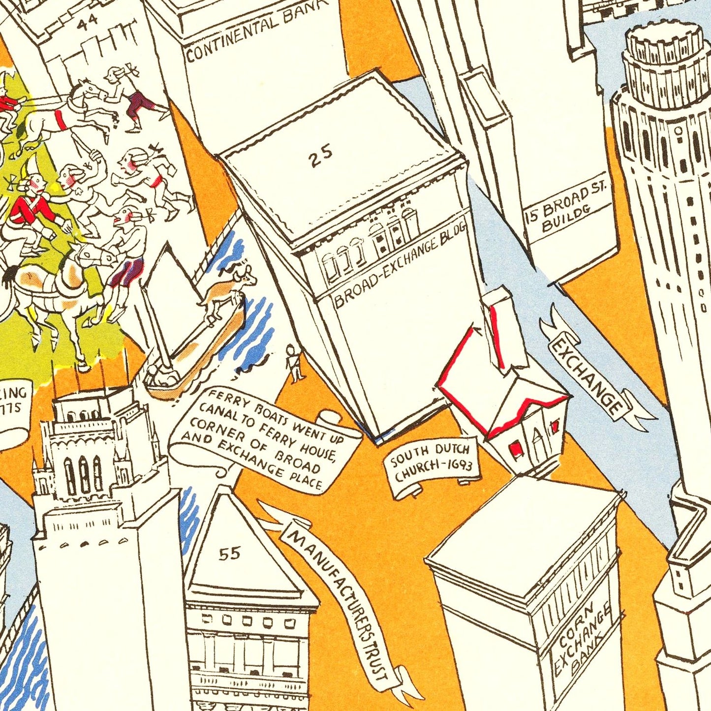 Vintage Pictorial Map of Downtown Manhattan, New York, 1938