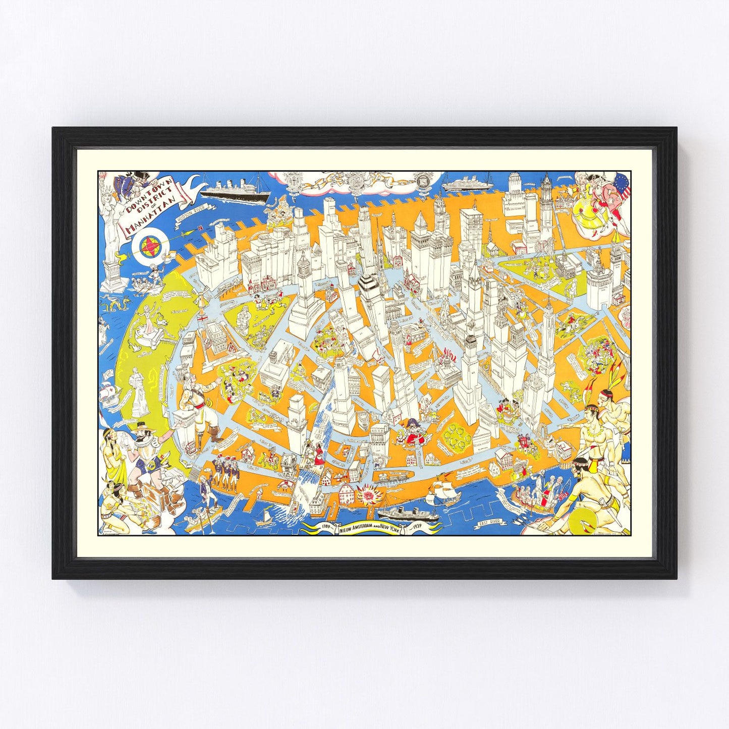vintage pictorial map of Downtown Manhattan, New York City, 1938