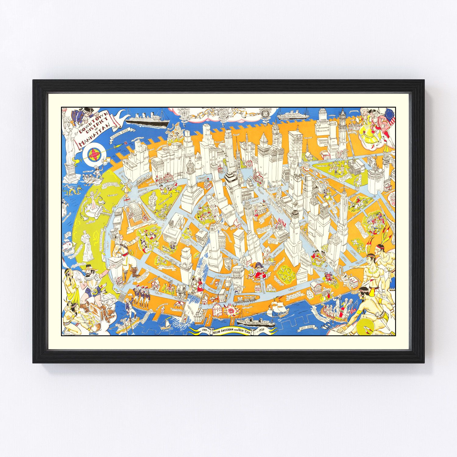 vintage pictorial map of Downtown Manhattan, New York City, 1938