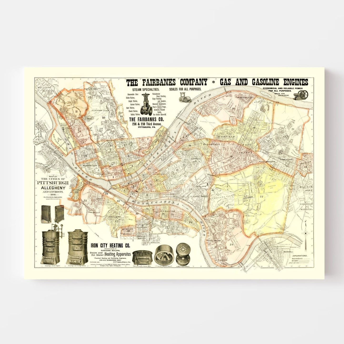 Vintage Map of Pittsburgh, Pennsylvania, 1898