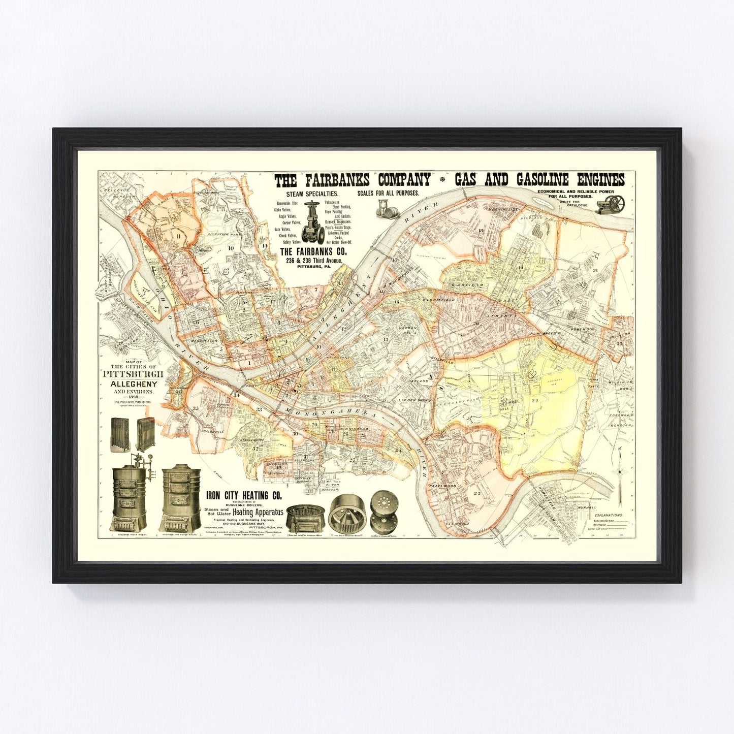 vintage map of Pittsburgh, Pennsylvania, 1898
