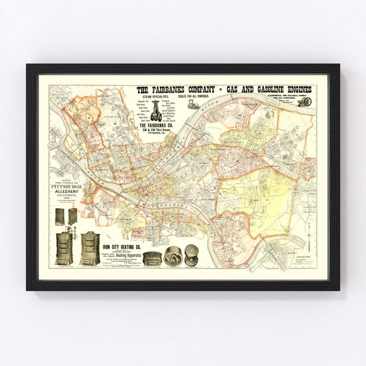 vintage map of Pittsburgh, Pennsylvania, 1898