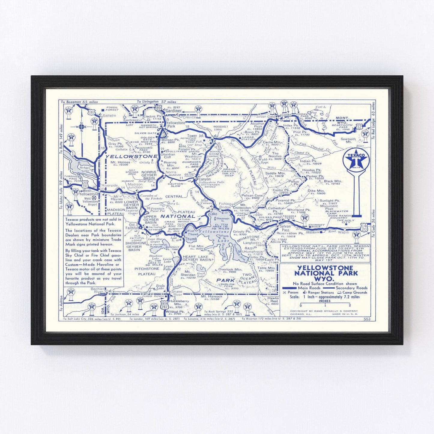 Vintage 1930 map of Yellowstone National Park Wyoming showing trails and geysers, restored print