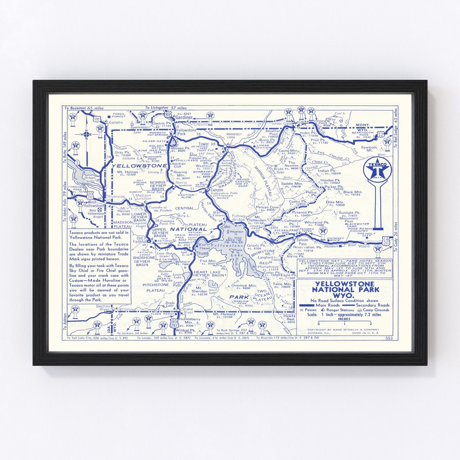 Vintage 1930 map of Yellowstone National Park Wyoming showing trails and geysers, restored print