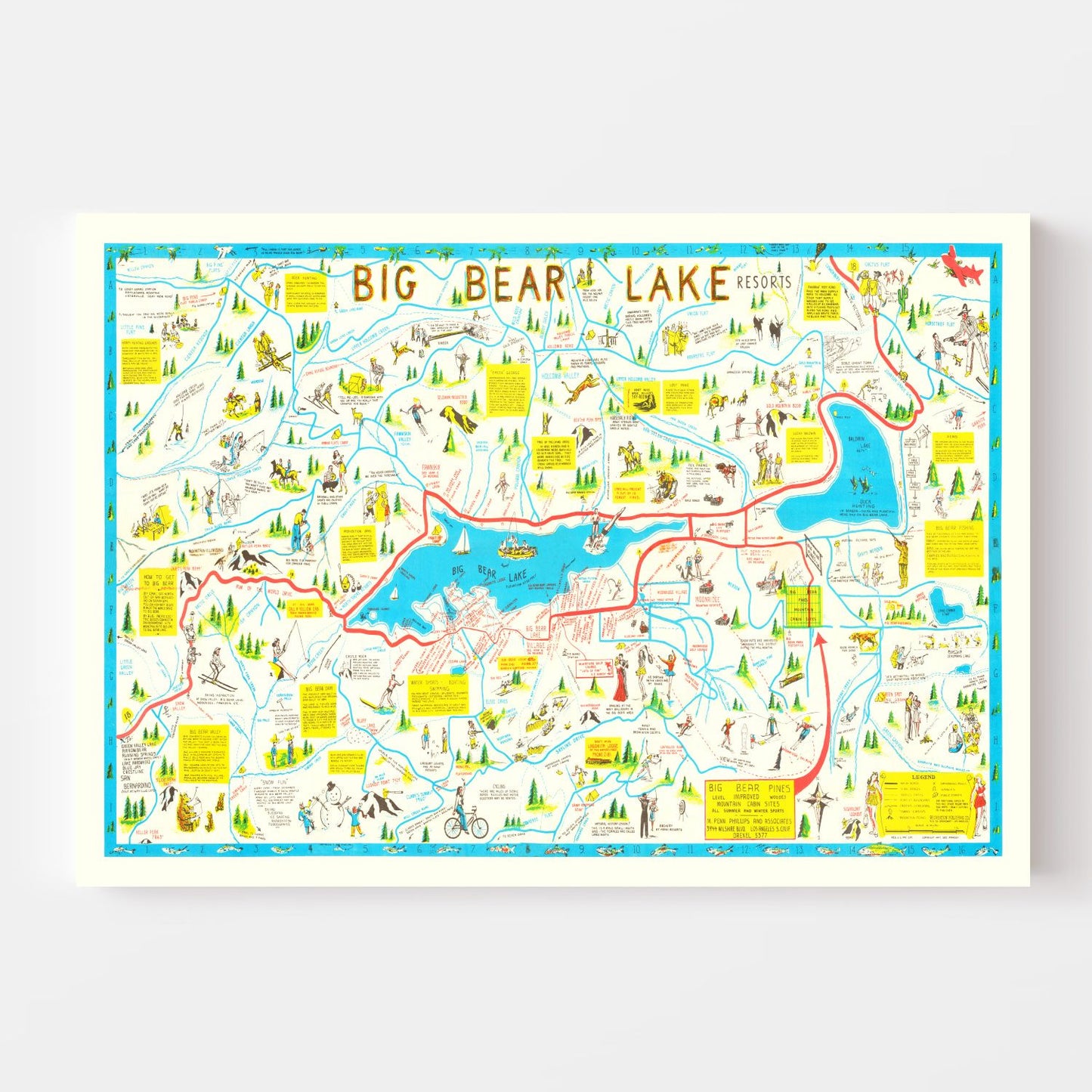 Vintage Souvenir Map of Big Bear Lake, California, 1947