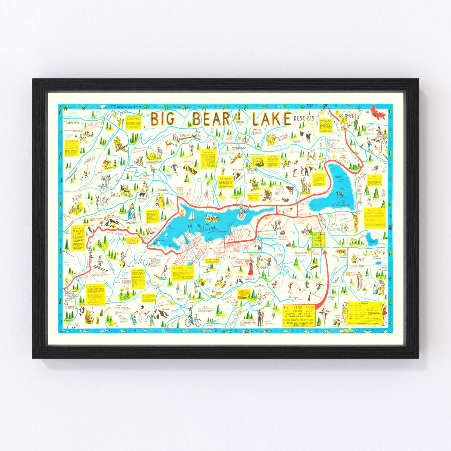 Vintage souvenir map of Big Bear Lake, California, 1947 - San Bernardino mountain resort