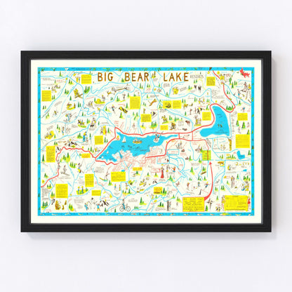 Vintage souvenir map of Big Bear Lake, California, 1947 - San Bernardino mountain resort