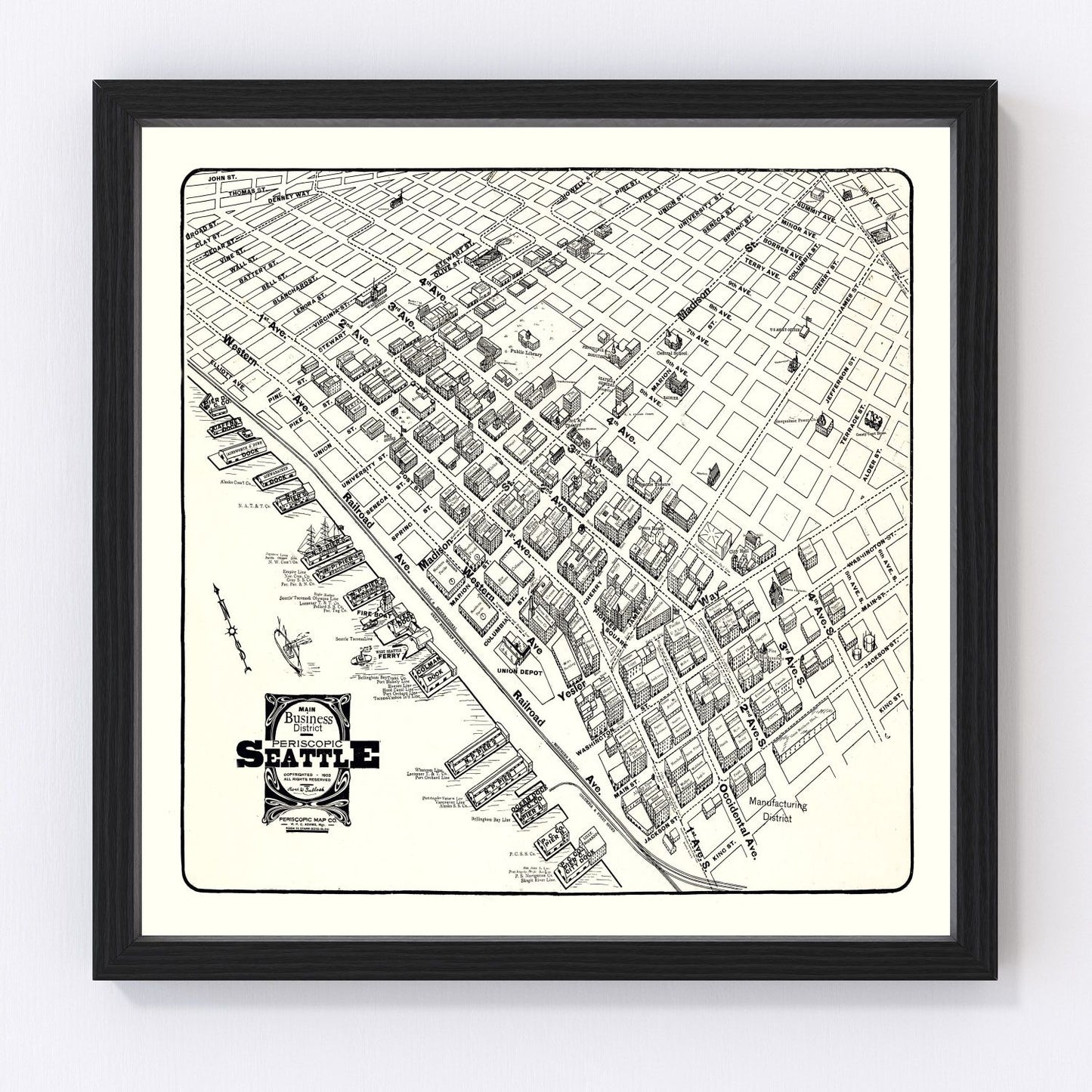 Vintage 1904 map of Seattle business district and King County, restored cartographic print
