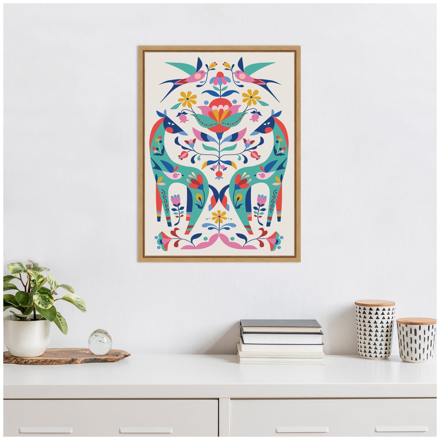 Folk Art Horses and Birds Framed Canvas Wall Art