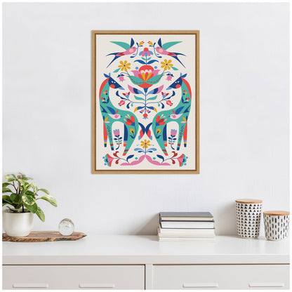 Folk Art Horses and Birds Framed Canvas Wall Art