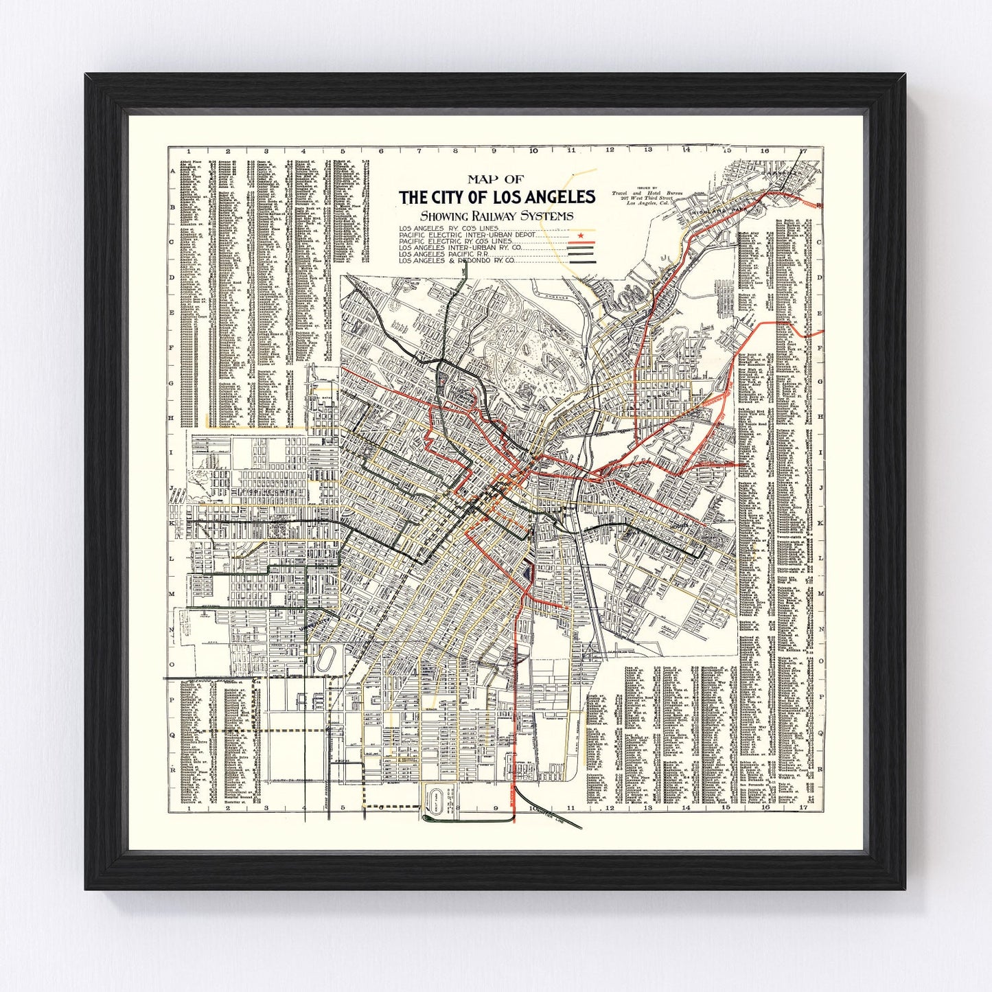 Vintage 1906 railway and streetcar map of Los Angeles California, restored cartographic print