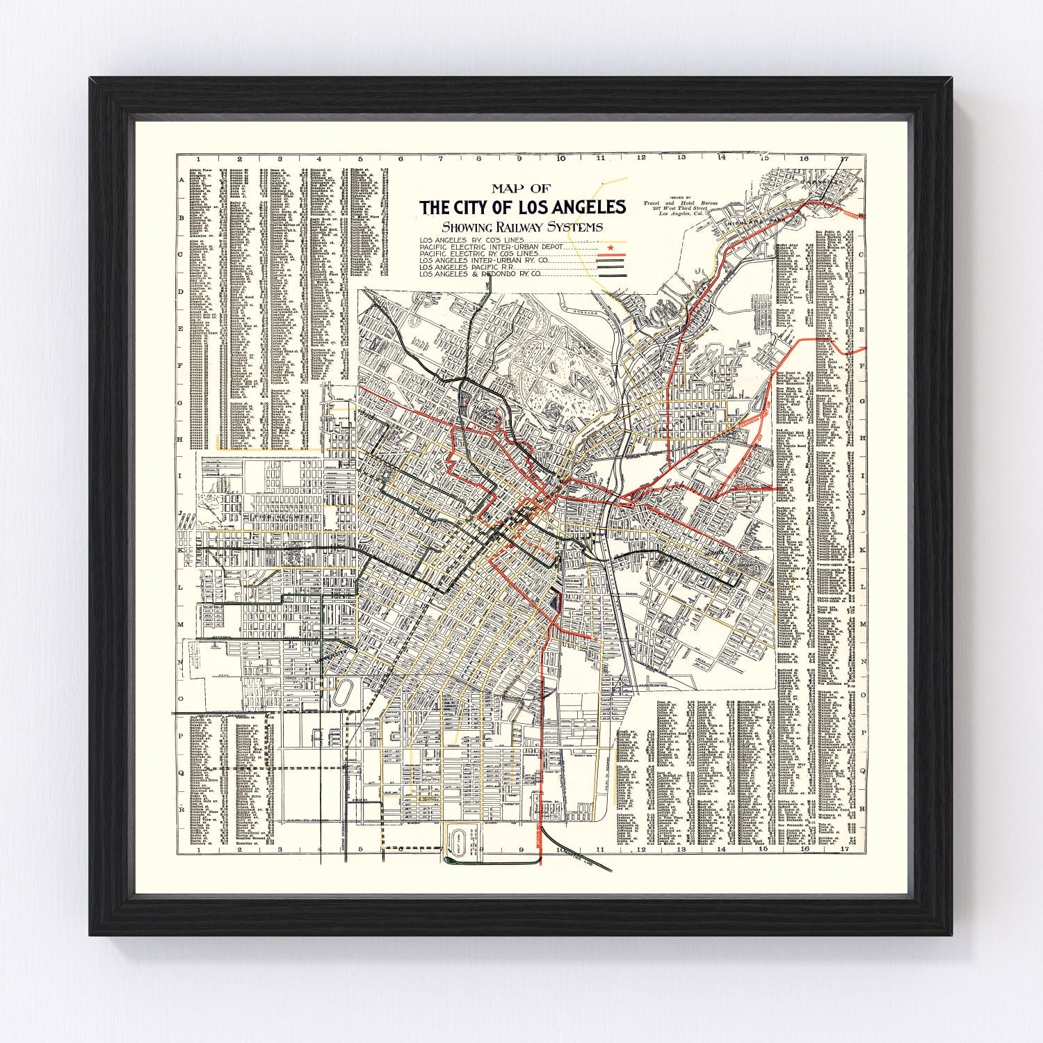 Vintage 1906 railway and streetcar map of Los Angeles California, restored cartographic print