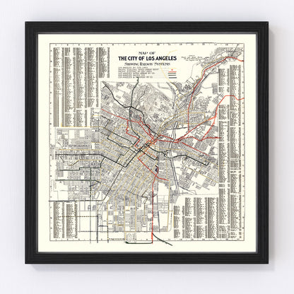 Vintage 1906 railway and streetcar map of Los Angeles California, restored cartographic print