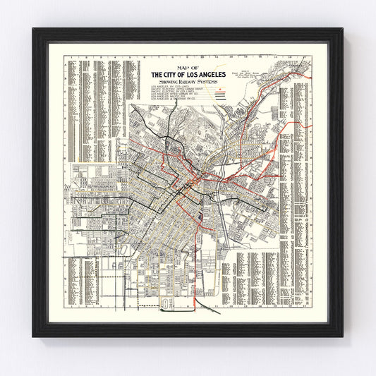 Vintage 1906 railway and streetcar map of Los Angeles California, restored cartographic print